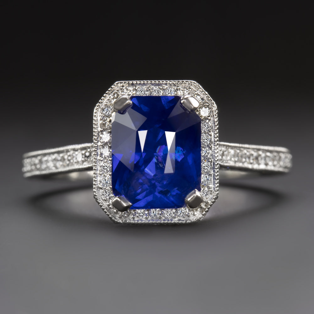 SAPPHIRE DIAMOND ENGAGEMENT RING PLATINUM HALO RADIANT CUT