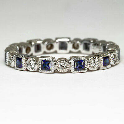 BLUE SAPPHIRE 0.6ct BAND DIAMOND VINTAGE RING ETERNITY BAGUETTE WEDDING COCKTAIL Ivy & Rose