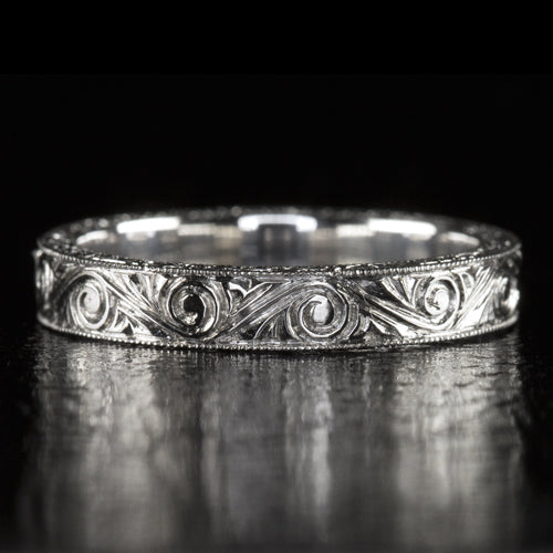VINTAGE STYLE HAND ENGRAVED WEDDING BAND STACKING RING ART DECO 14K WHITE GOLD
