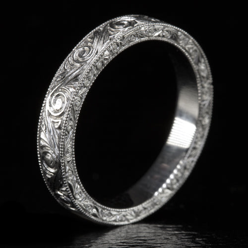 VINTAGE STYLE HAND ENGRAVED WEDDING BAND STACKING RING ART DECO 14K WHITE GOLD