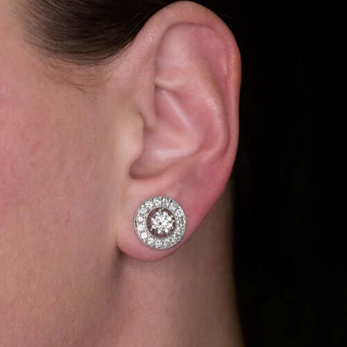 2.30c NATURAL DIAMONDS BIG STUDS 13mm HALO EARRINGS WHITE GOLD VINTAGE 2CT 2.5CT