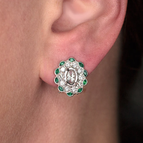 VINTAGE STYLE 1ct G VS EX CUT OVAL DIAMOND EMERALD HALO EARRING