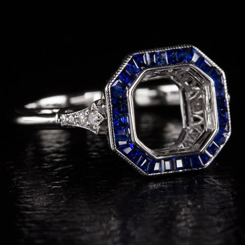 SAPPHIRE DIAMOND RADIANT ASSCHER CUT SETTING ENGAGEMENT RING SEMI-MOUNT VINTAGE
