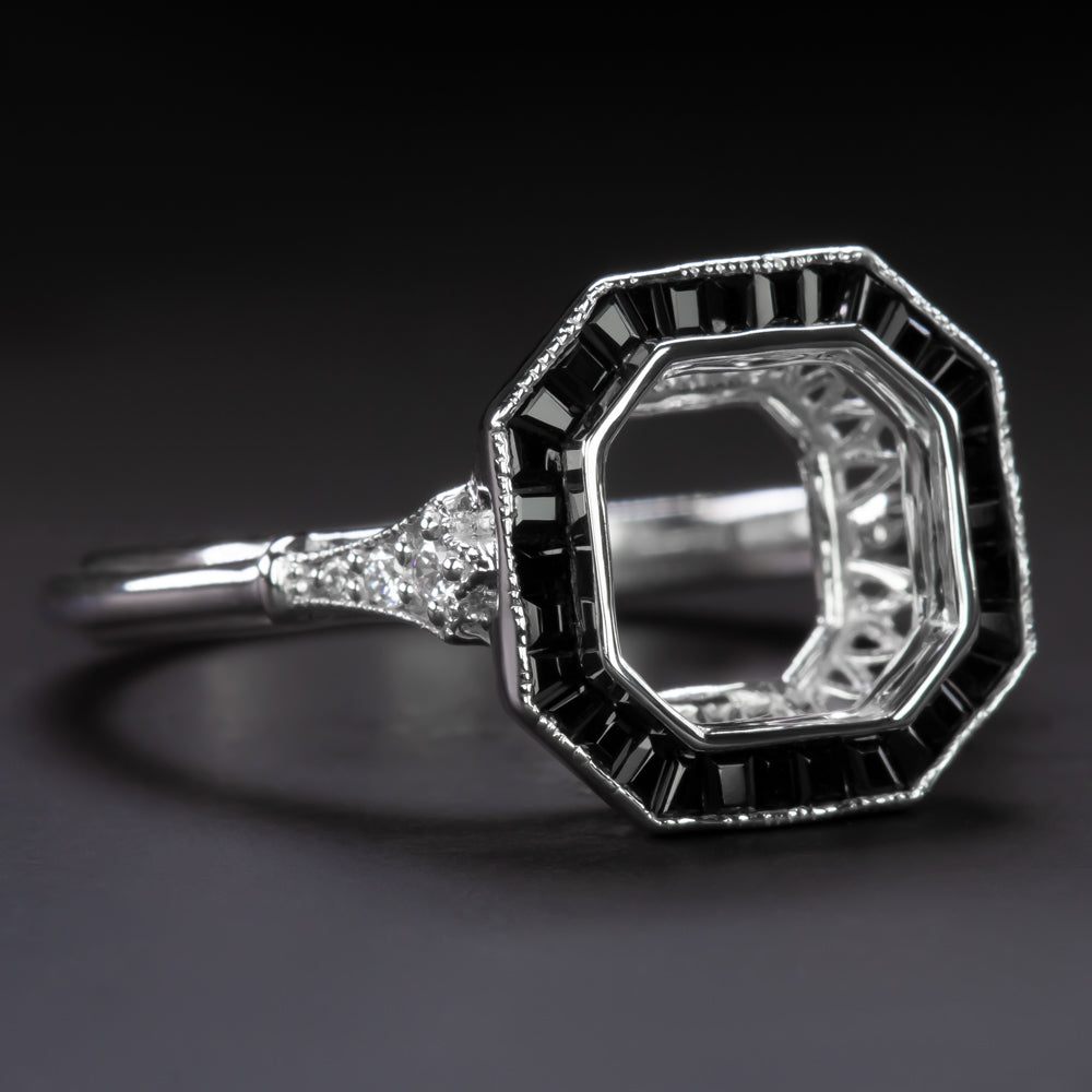 VINTAGE STYLE ONYX DIAMOND ENGAGEMENT RING SETTING ASSCHER RADIANT 7.5M ART DECO