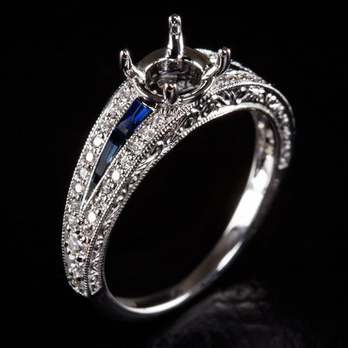 VINTAGE STYLE SEMI MOUNT DIAMOND BLUE SAPPHIRE ENGAGEMENT RING SETTING ART DECO