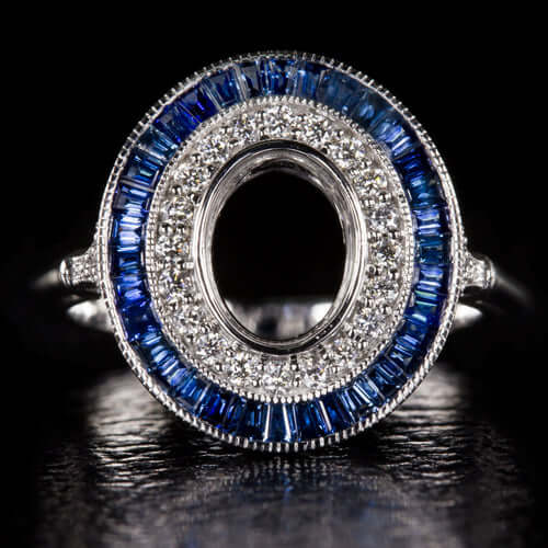 ART DECO DIAMOND BLUE SAPPHIRE OVAL ENGAGEMENT RING HALO SETTING VINTAGE STYLE Ivy & Rose