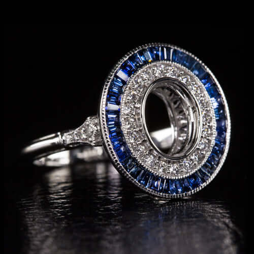 ART DECO DIAMOND BLUE SAPPHIRE OVAL ENGAGEMENT RING HALO SETTING VINTAGE STYLE Ivy & Rose