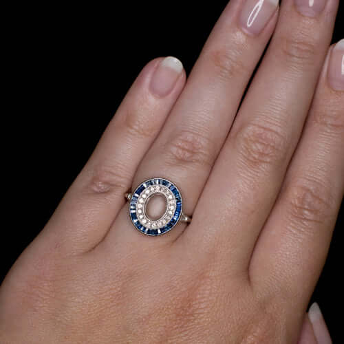ART DECO DIAMOND BLUE SAPPHIRE OVAL ENGAGEMENT RING HALO SETTING
