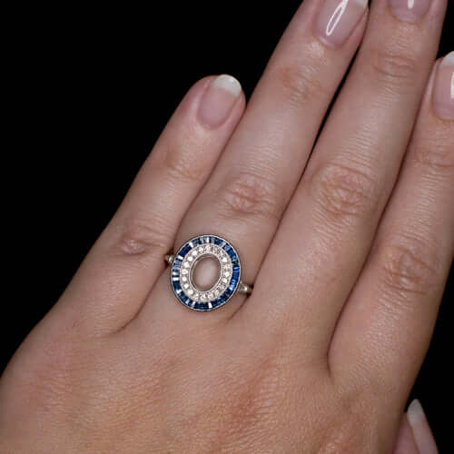 ART DECO DIAMOND BLUE SAPPHIRE OVAL ENGAGEMENT RING HALO SETTING VINTAGE STYLE Ivy & Rose