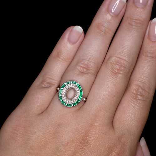 VINTAGE STYLE GREEN EMERALD DIAMOND OVAL CUT ENGAGEMENT RING HALO SETTING MOUNT