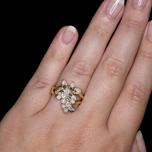 IDEAL CUT 3/4 CARAT F-G SI DIAMOND VINTAGE FLORAL COCKTAIL RING RETRO 7 GRAMS