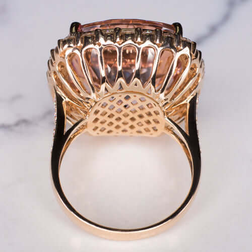 25ct IDEAL CUT NATURAL PEACH MORGANITE DIAMOND 18K ROSE GOLD HALO COCKTAIL RING
