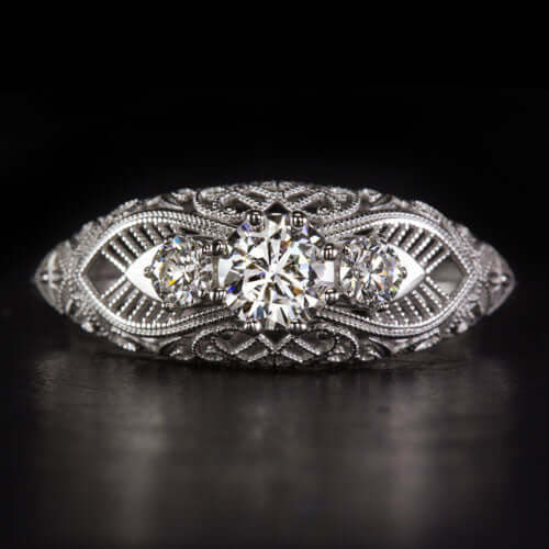3 STONE G VS IDEAL CUT NATURAL DIAMOND ENGAGEMENT RING VINTAGE STYLE ART DECO