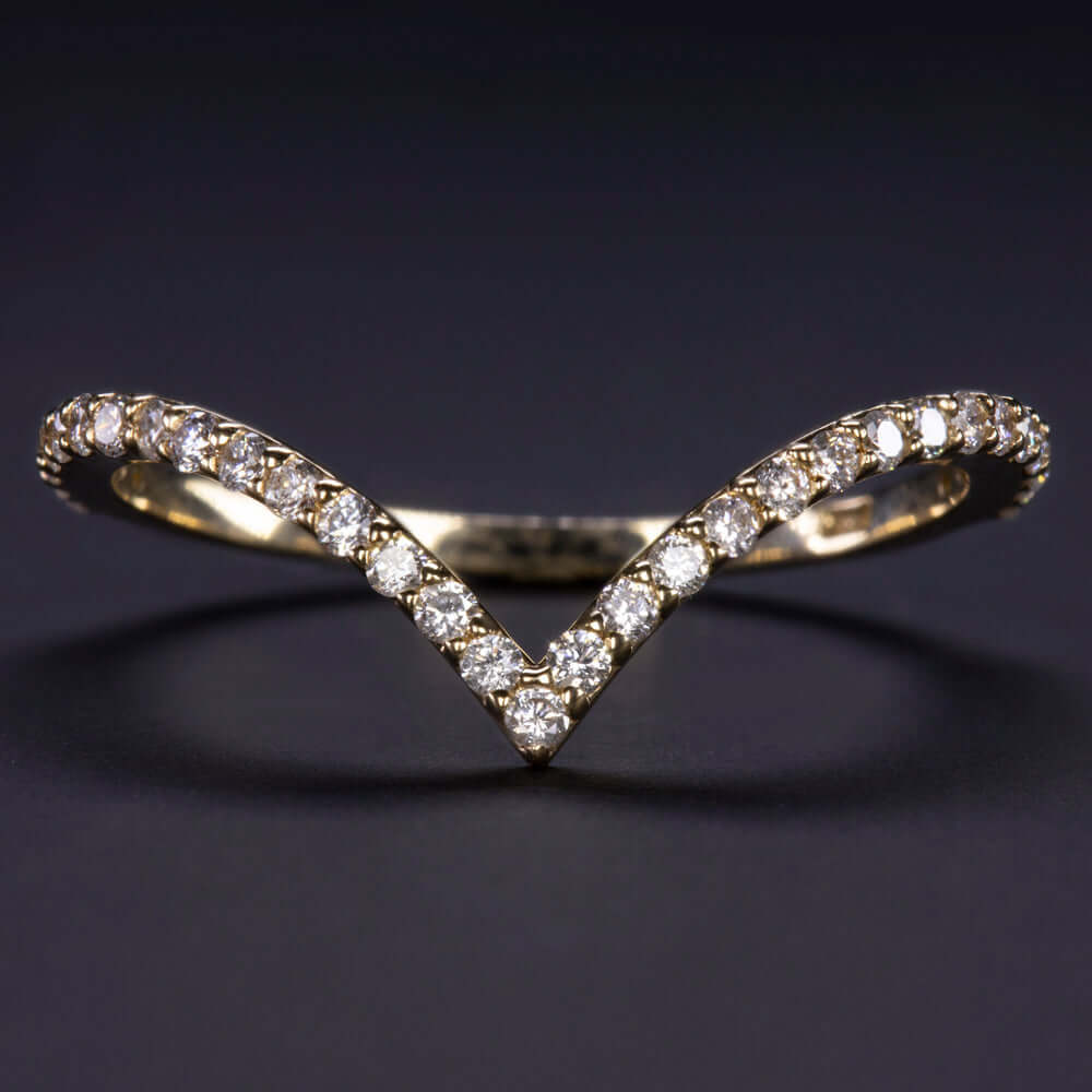 DIAMOND 14k YELLOW GOLD WEDDING BAND PAVE V RING CONTOUR CHEVRON STACKING CURVE