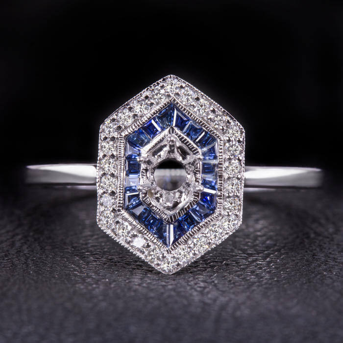 DIAMOND SAPPHIRE VINTAGE STYLE MOUNT ENGAGEMENT RING ROUND OVAL SETTING ART DECO