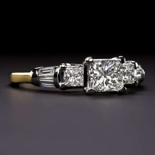 1.5ct VINTAGE H VS PRINCESS CUT NATURAL DIAMOND ENGAGEMENT RING 18K GOLD 3 STONE