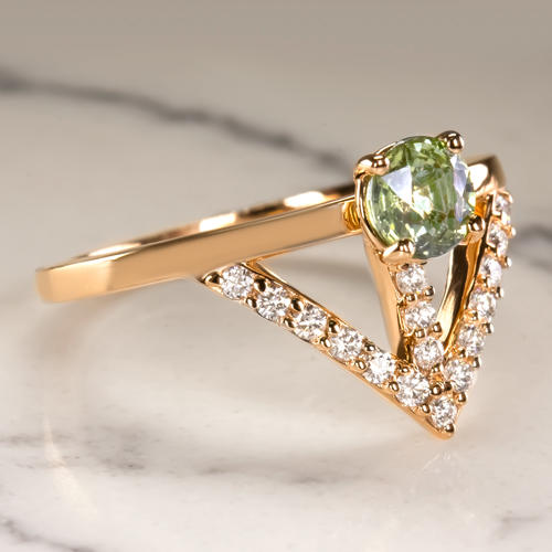 MINT GREEN SAPPHIRE NATURAL DIAMOND V RING ROSE GOLD COCKTAIL TRIANGLE GEOMETRIC