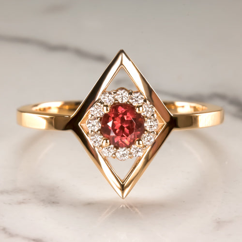 RED TOURMALINE NATURAL DIAMOND HALO ALTERNATIVE ENGAGEMENT RING ROSE GOLD MODERN
