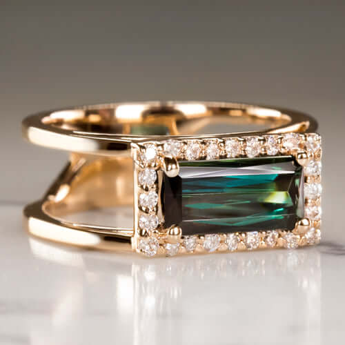 BLUE GREEN TOURMALINE DIAMOND EMERALD CUT COCKTAIL RING DOUBLE BAND 14 ROSE GOLD