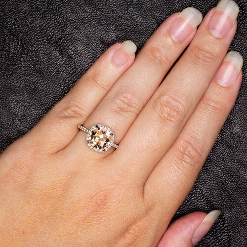 Sale: 1.25 Carat Peach Pink Morganite (princess cut Morganite) & Diamond  Engagement Bridal Wedding Ring Set in 10k Rose Gold