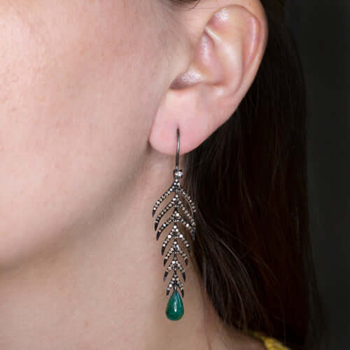 1.5CT NATURAL DIAMOND 4.5CT EMERALD DANGLE EARRINGS BOHO FEATHER LEAF BLACK DROP