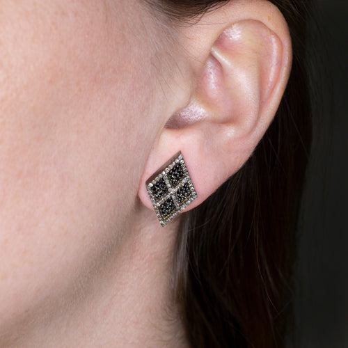 NATURAL DIAMOND PAVE STUD EARRINGS 1.65ct BLACK AND WHITE GEOMETRIC KITE SHAPE