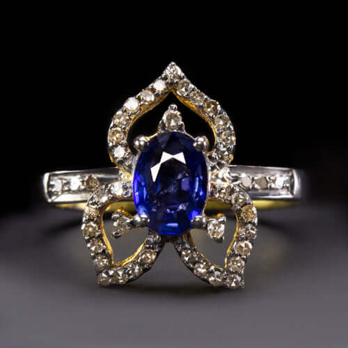 BLUE KYANITE NATURAL DIAMOND COCKTAIL RING FLORAL BOTANICAL MODERN BOHO STYLE