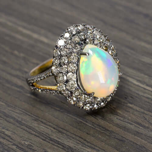 4ct NATURAL OPAL 2ct DIAMOND COCKTAIL RING PAVE DOME 3 ROW CLUSTER STATEMENT BIG