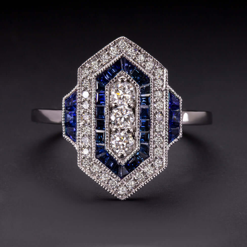 DIAMOND SAPPHIRE VINTAGE STYLE RING ART DECO GEOMETRIC COCKTAIL