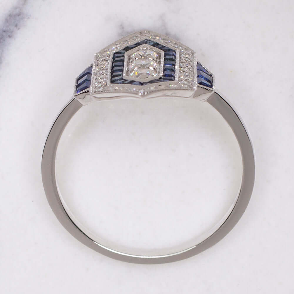 DIAMOND SAPPHIRE VINTAGE STYLE RING ART DECO GEOMETRIC COCKTAIL CALIBRE NATURAL
