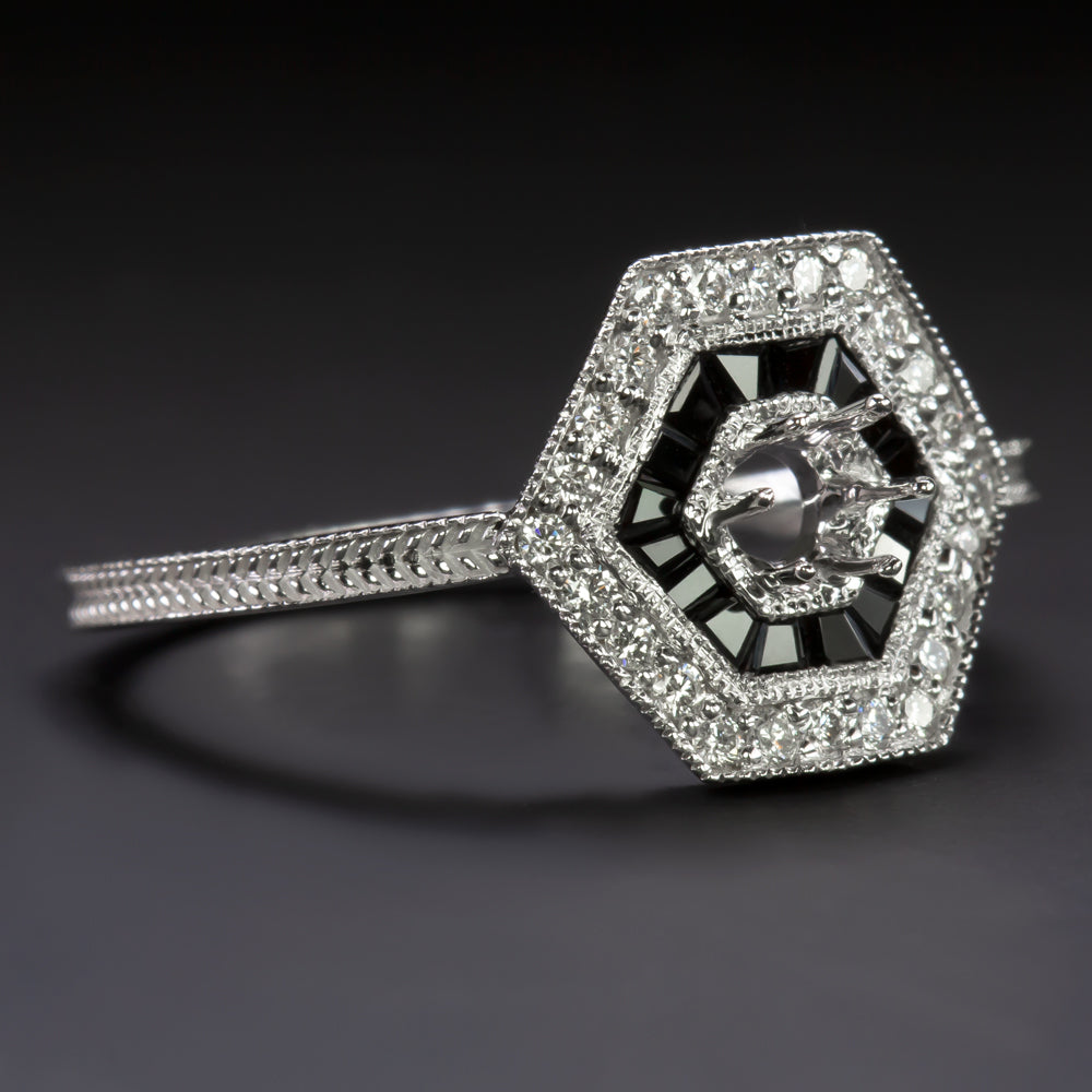 NATURAL DIAMOND ONYX VINTAGE STYLE RING SETTING ART DECO GEOMETRIC MOUNT CLASSIC