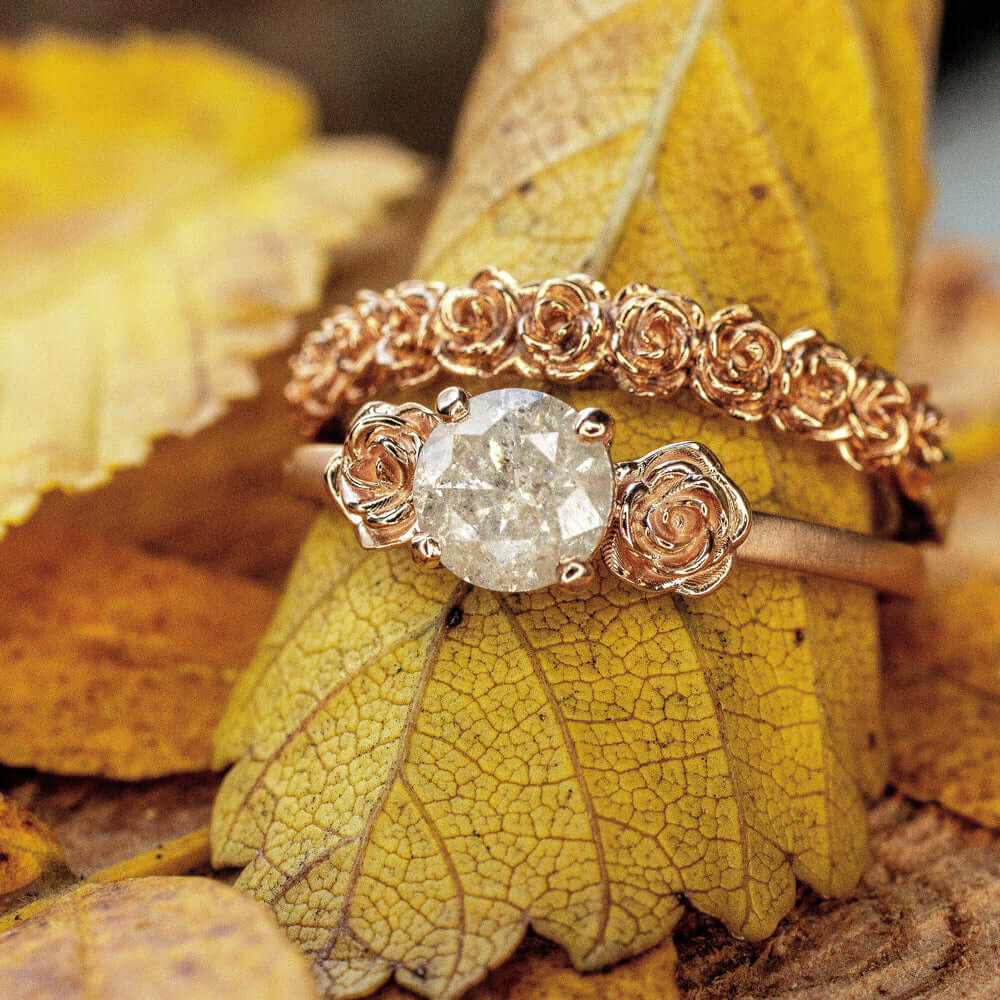 FLORAL ROUND CUT RUSTIC NATURAL DIAMOND ENGAGEMENT RING ROSE GOLD SATIN COCKTAIL Ivy & Rose
