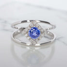 BLUE SAPPHIRE DIAMOND COCKTAIL RING GEOMETRIC MODERN DOUBLE BAND 14K WHITE GOLD