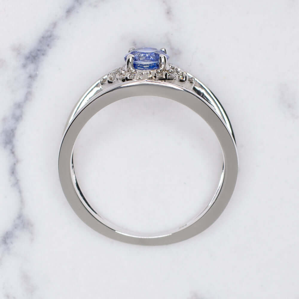 BLUE SAPPHIRE DIAMOND COCKTAIL RING GEOMETRIC MODERN DOUBLE BAND 14K WHITE GOLD
