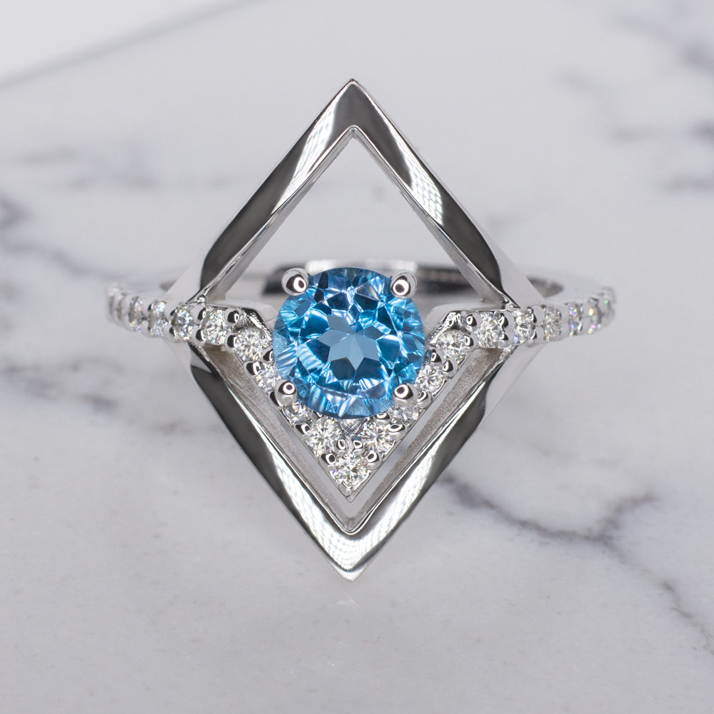 NATURAL DIAMOND SWISS TOPAZ COCKTAIL RING MODERN PAVE GEOMETRIC TEAL ...