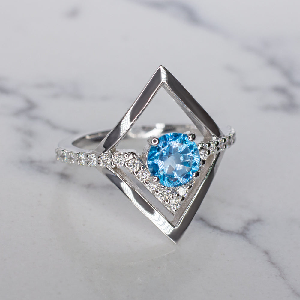 NATURAL DIAMOND SWISS TOPAZ COCKTAIL RING MODERN PAVE GEOMETRIC TEAL WHITE GOLD