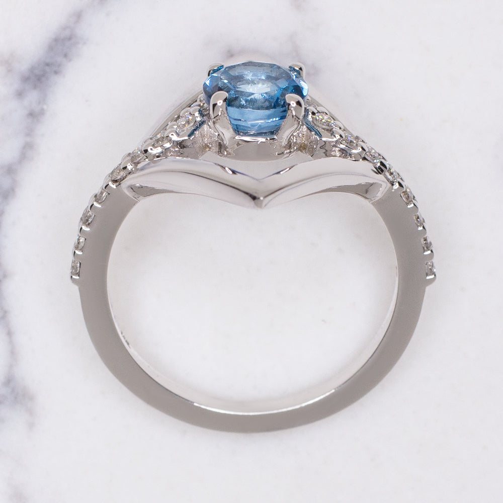 NATURAL DIAMOND SWISS TOPAZ COCKTAIL RING MODERN PAVE GEOMETRIC TEAL WHITE GOLD