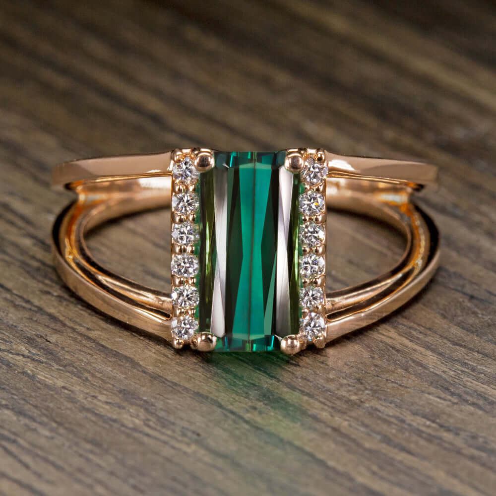 BLUE GREEN TOURMALINE NATURAL DIAMOND RING MODERN COCKTAIL ROSE