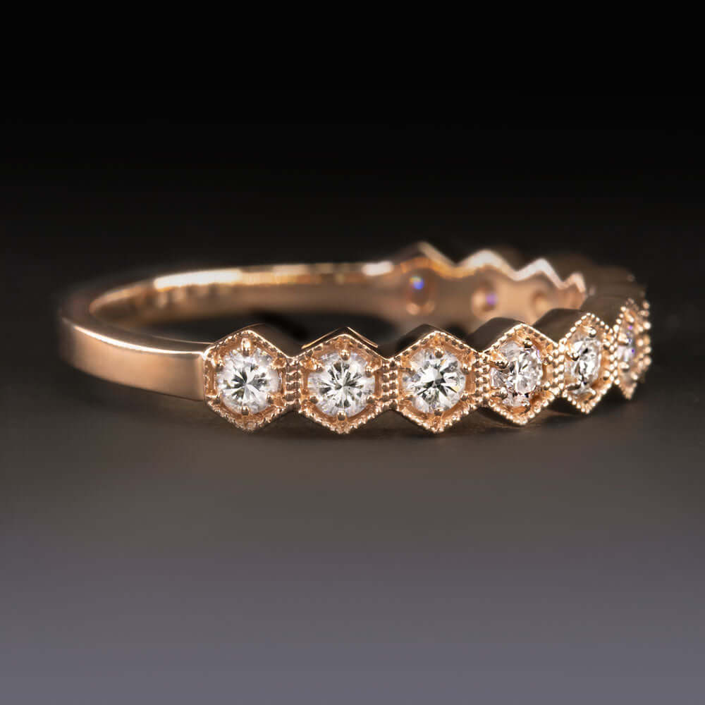 DIAMOND 14K ROSE GOLD WEDDING BAND STACKING RING HONEYCOMB VINTAGE STYLE HEXAGON Ivy & Rose