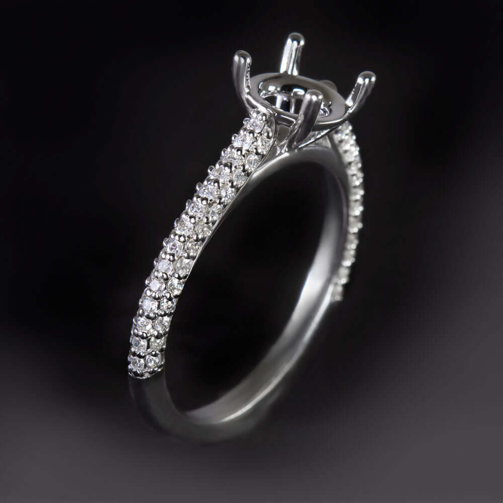 DIAMOND PAVE ENGAGEMENT RING SETTING 6.5mm ROUND CATHEDRAL SEMI MOUNT WHITE GOLD