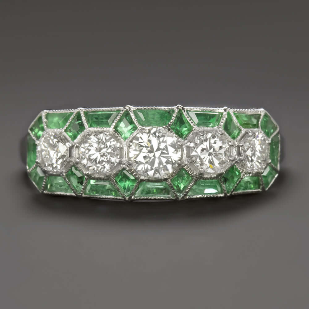 1.5ct DIAMOND EMERALD VINTAGE STYLE RING ART DECO GEOMETRIC COCKTAIL WHITE GOLD