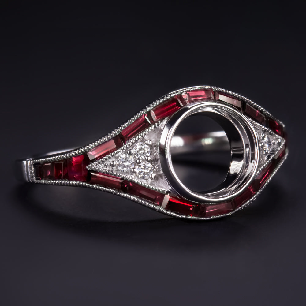 RUBY DIAMOND RING SETTING VINTAGE STYLE ROUND CUT ENGAGEMENT ART DECO SEMI MOUNT