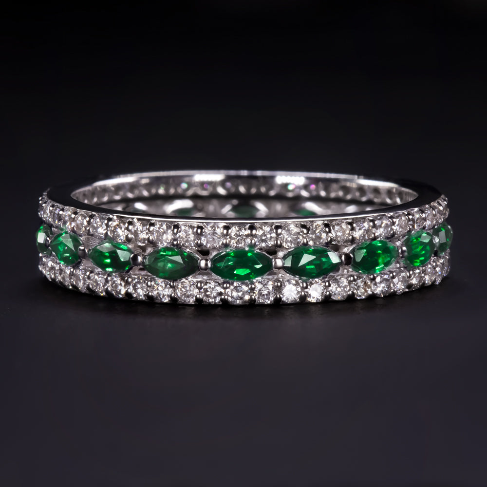 NATURAL GREEN EMERALD DIAMOND WEDDING BAND ETERNITY RING 3 ROW STACKING MARQUISE