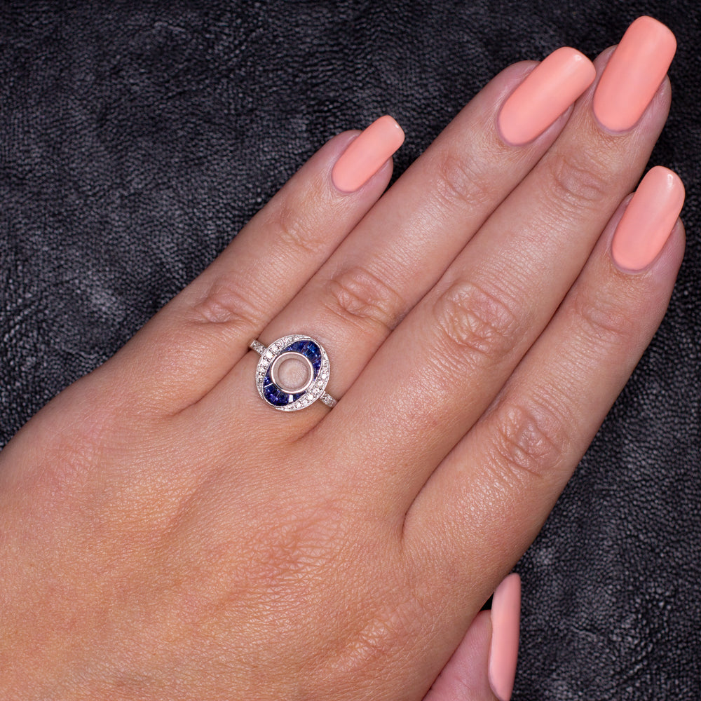 SAPPHIRE DIAMOND ENGAGEMENT RING SETTING ROUND VINTAGE STYLE DECO SEMI MOUNT