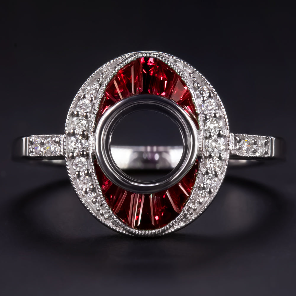 NATURAL RUBY DIAMOND COCKTAIL RING SETTING VINTAGE STYLE ART DECO SEMI MOUNT