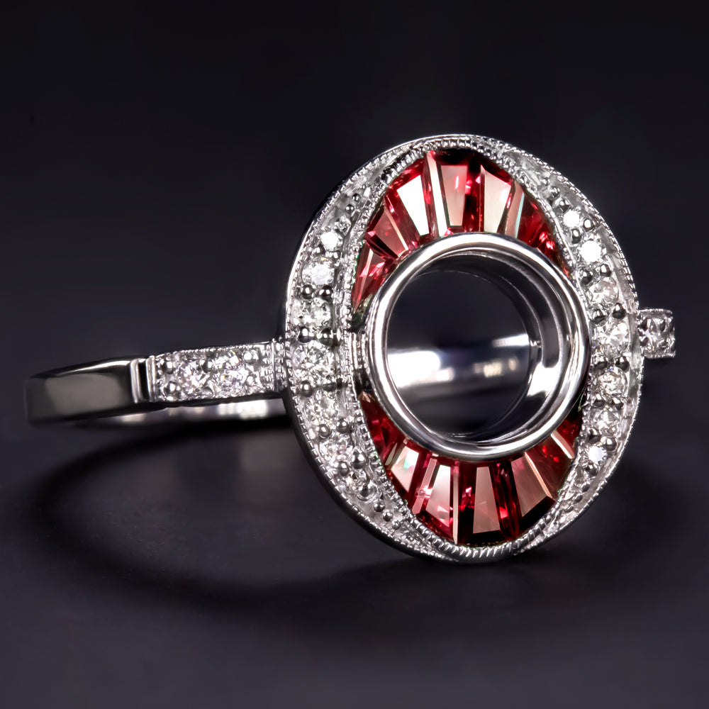 NATURAL RUBY DIAMOND COCKTAIL RING SETTING VINTAGE STYLE ART DECO SEMI MOUNT