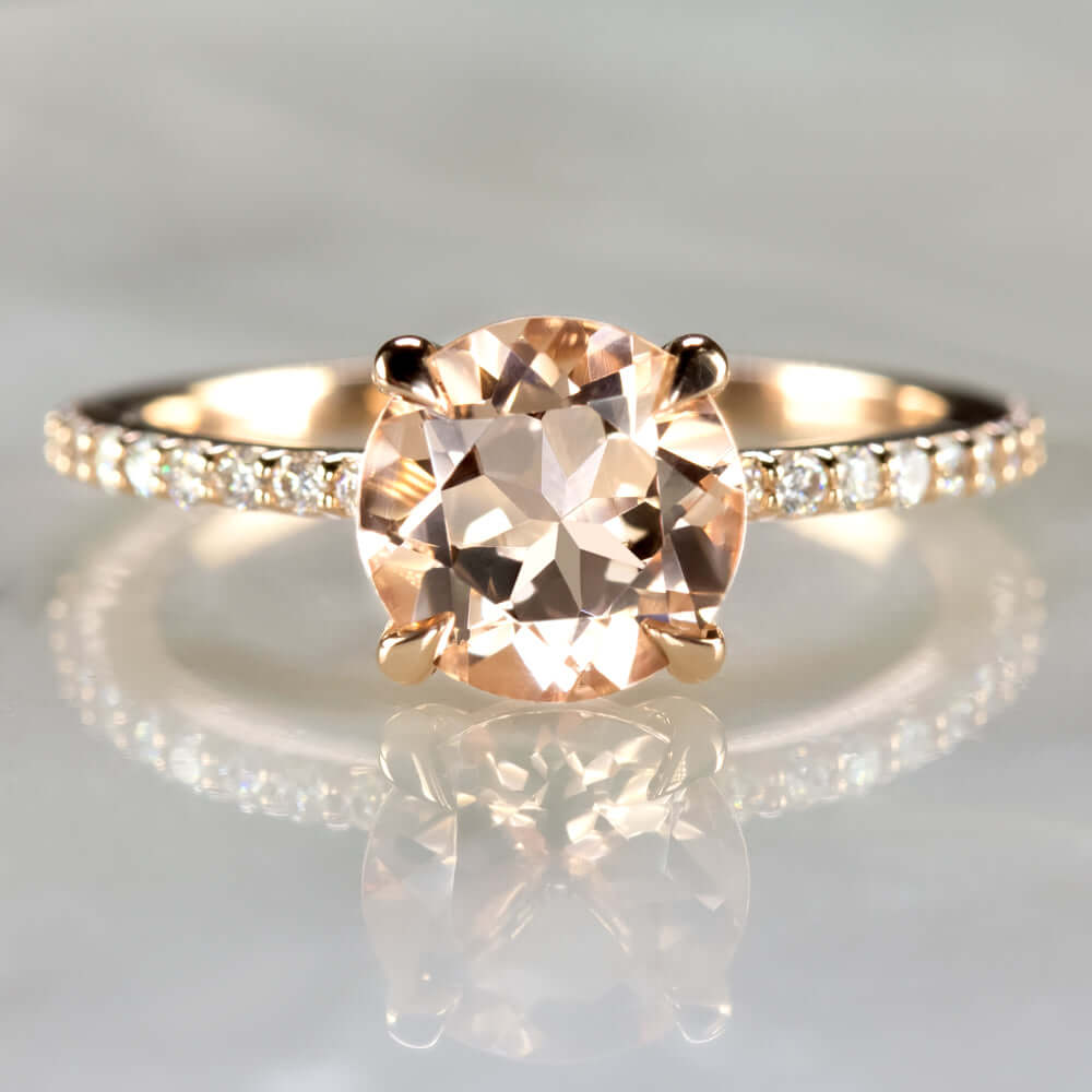 Cushion Peach Pink Morganite Engagement Ring Set 14k Rose Gold