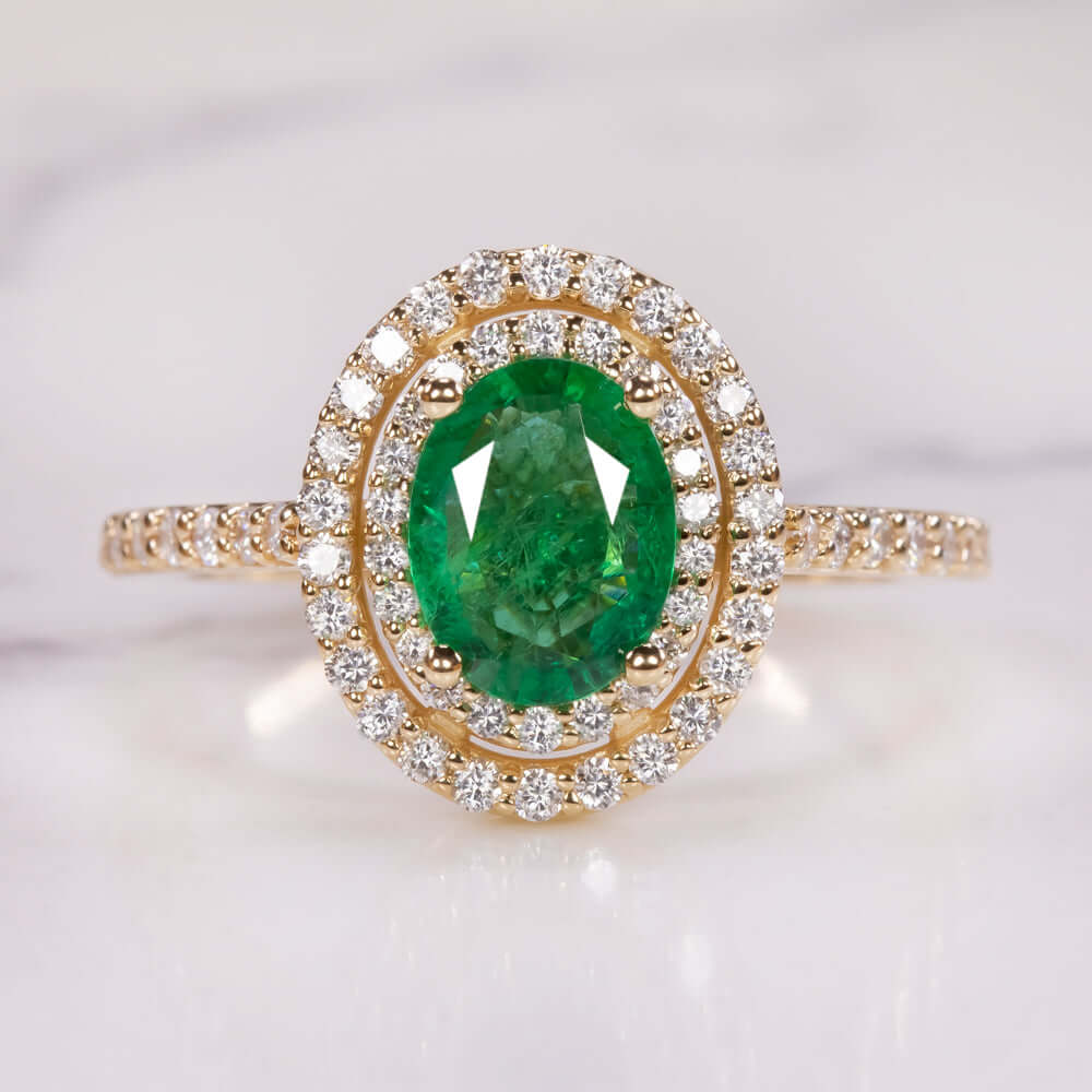 1.5ct EMERALD DIAMOND COCKTAIL RING DOUBLE HALO YELLOW GOLD NATURAL OVAL GREEN