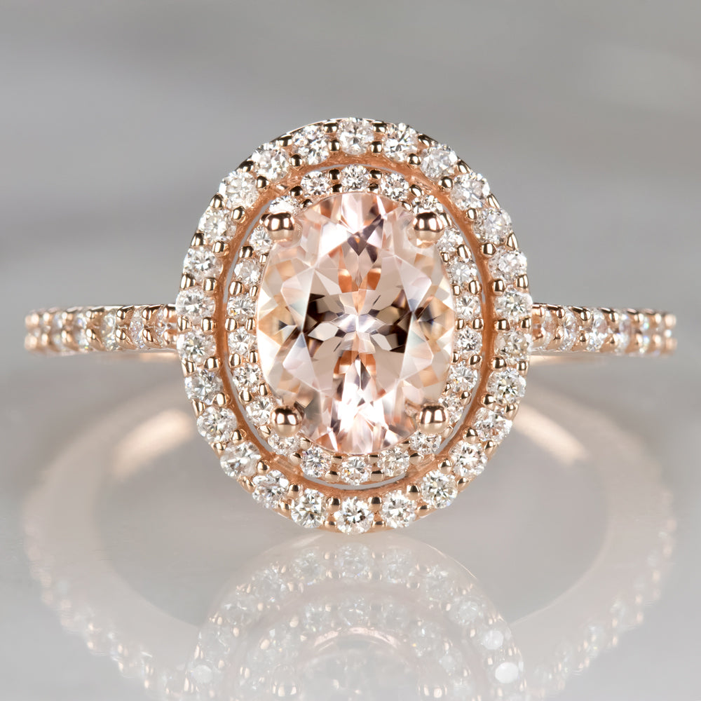 OVAL MORGANITE .61ct DIAMOND DOUBLE HALO ENGAGEMENT RING ROSE GOLD NATURAL PEACH