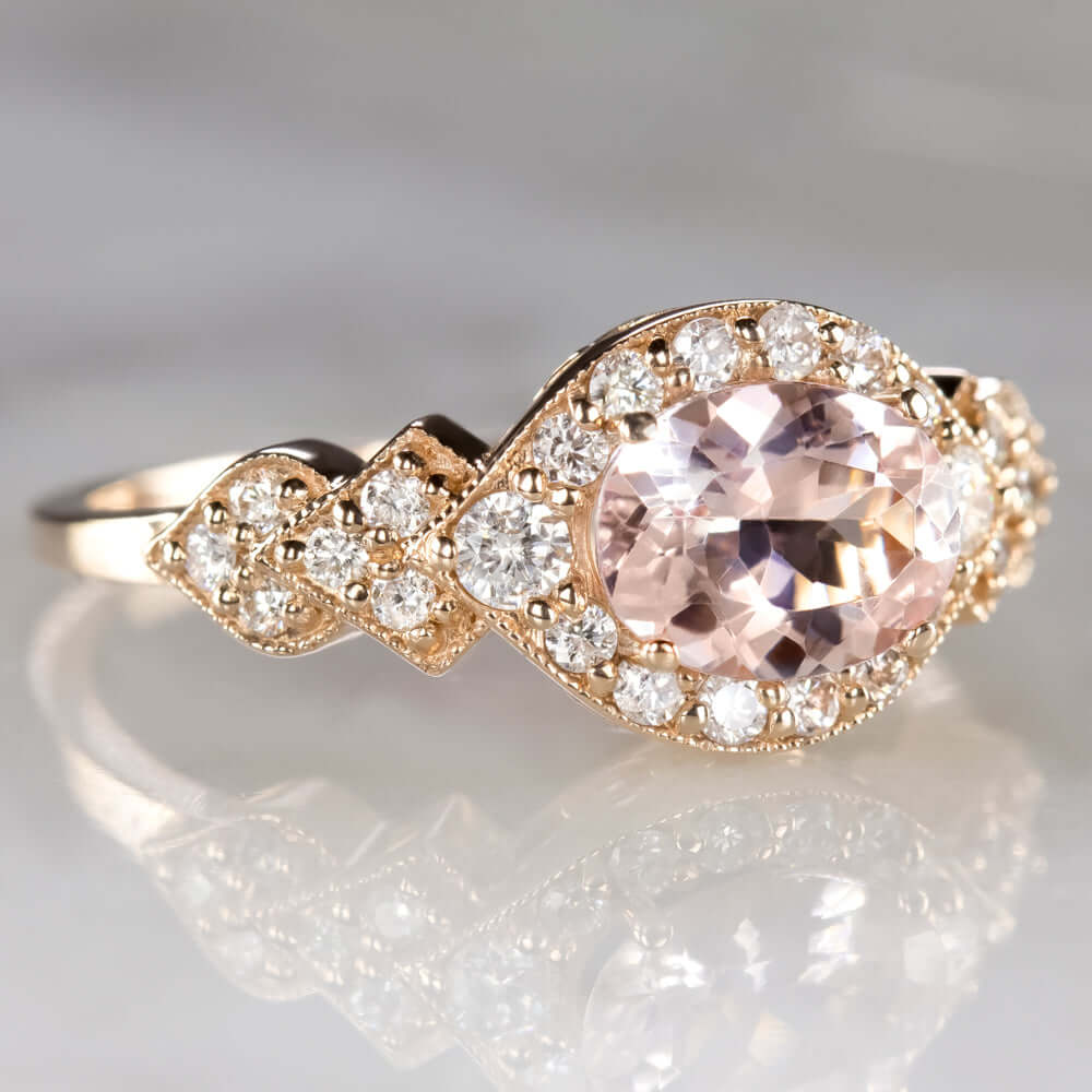 1ct MORGANITE .37ct DIAMOND EAST WEST RING ROSE GOLD ENGAGEMENT OVAL HALO MODERN